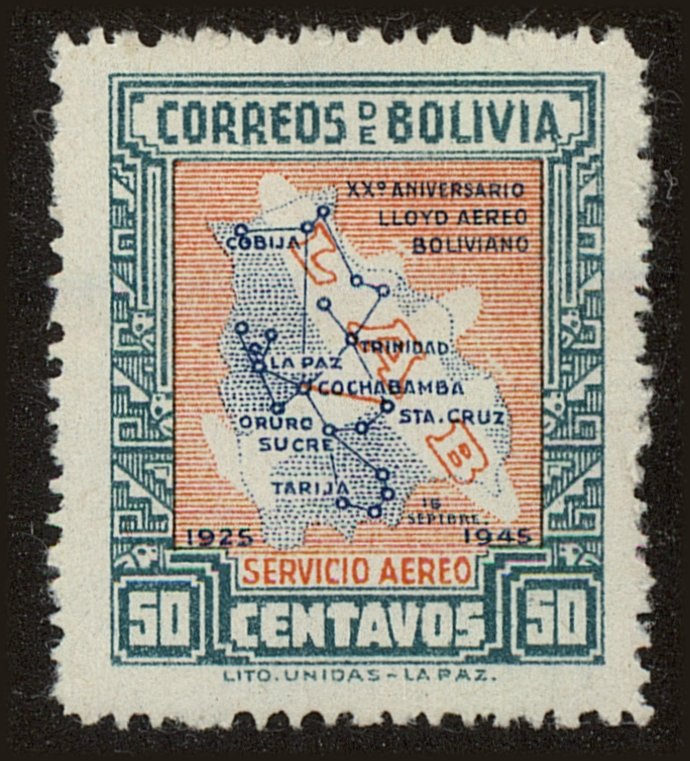 Front view of Bolivia C107 collectors stamp