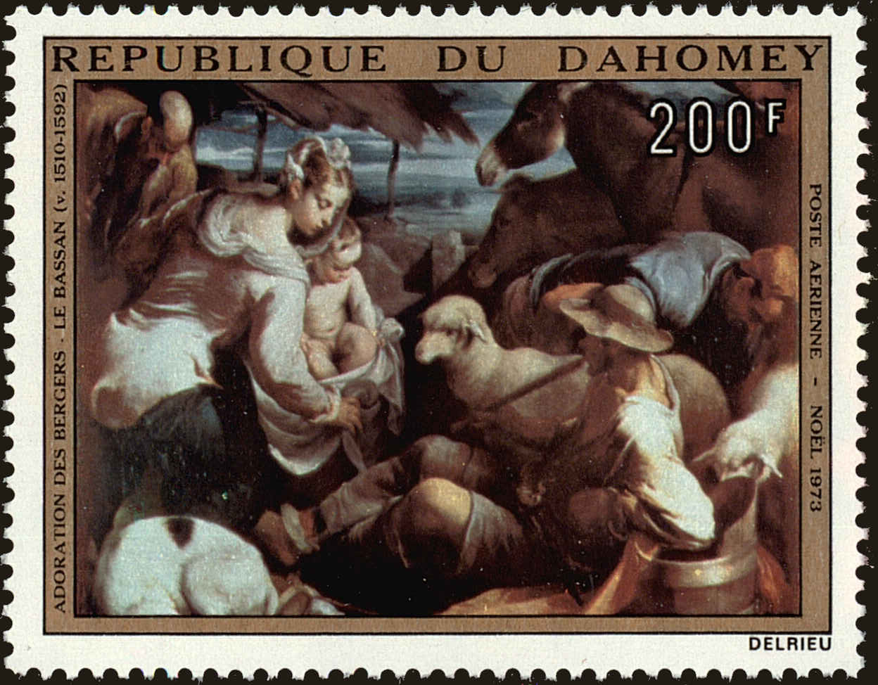 Front view of Dahomey C198 collectors stamp