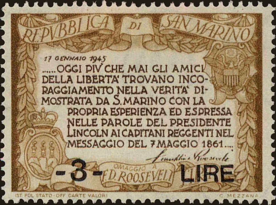 Front view of San Marino 257G collectors stamp