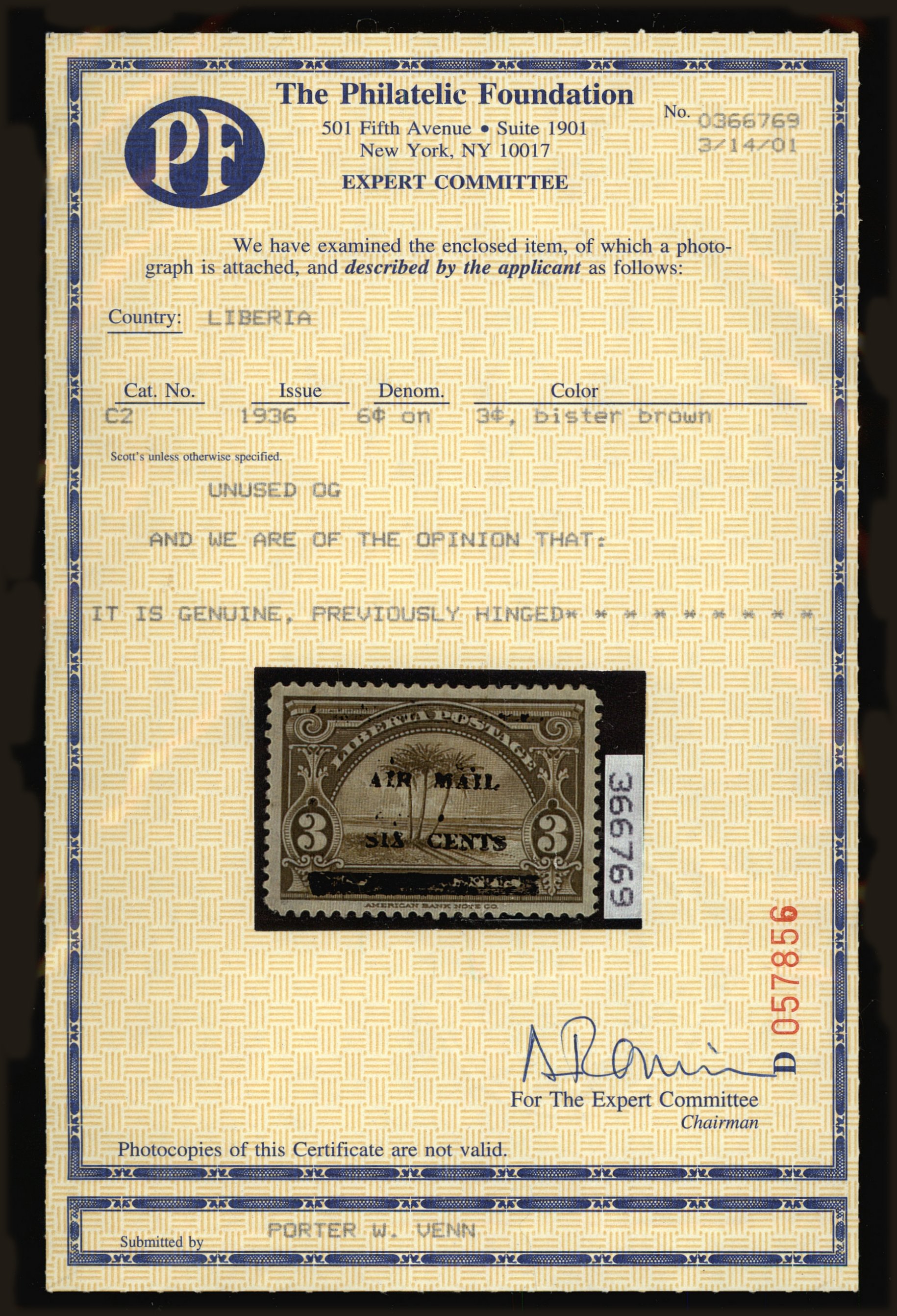 American Philatelic Society Expert Committee Report for this Liberia CScott #2 collectors stamp