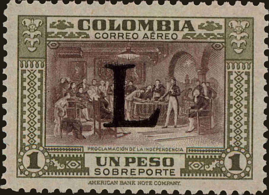Front view of Colombia C182 collectors stamp