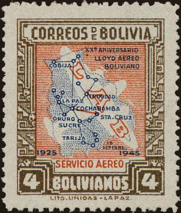 Front view of Bolivia C111 collectors stamp