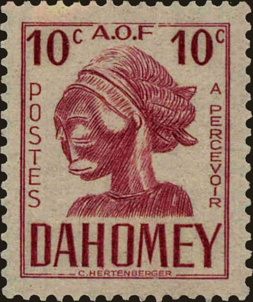 Front view of Dahomey J28A collectors stamp